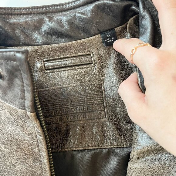 Roundtree & Yorke Brown Leather Striped Jacket Racing Biker Pockets Size Medium - Picture 4 of 7